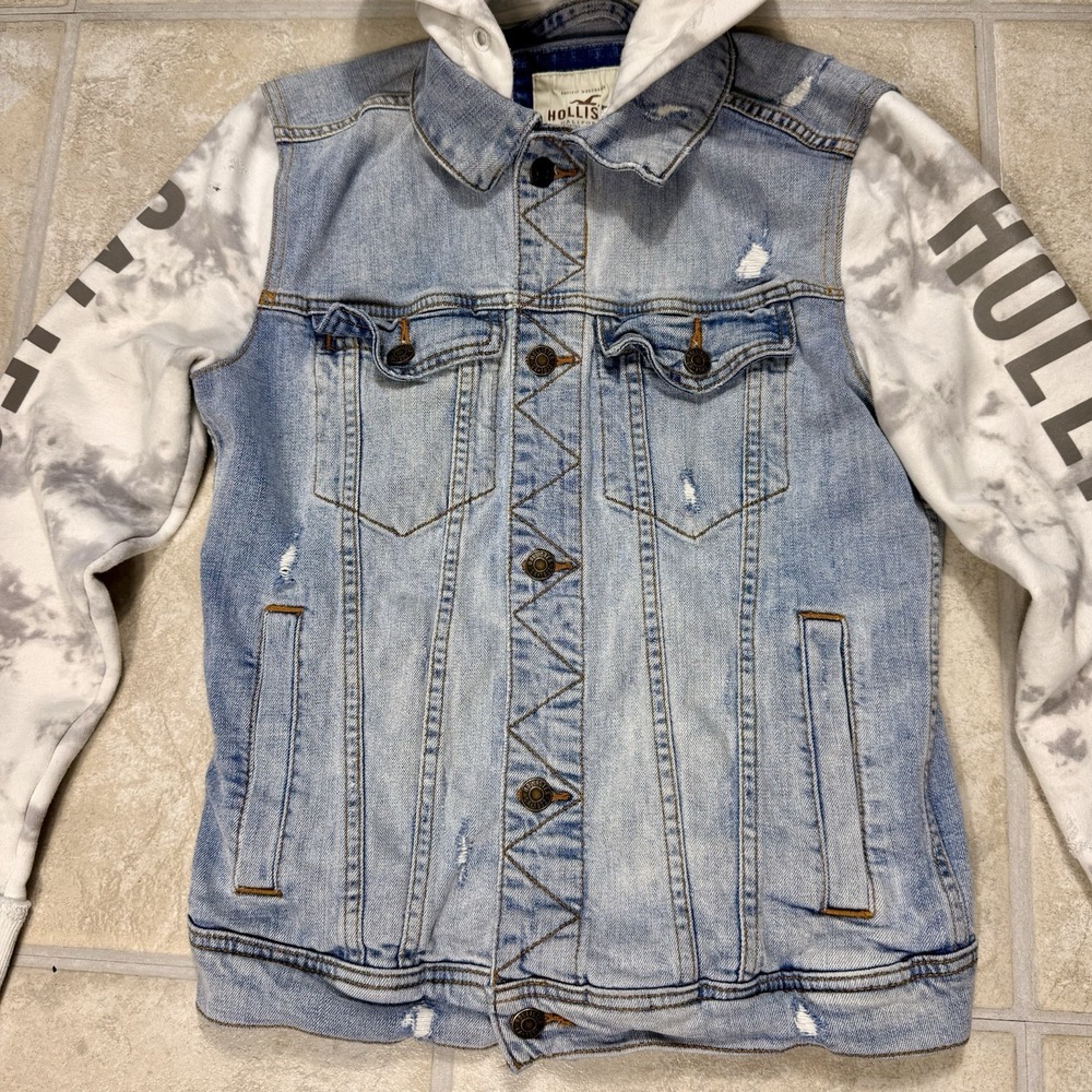 Hollister Denim Jacket Hoodie Women Xs Distressed Y2K Grunge - Picture 2 of 13